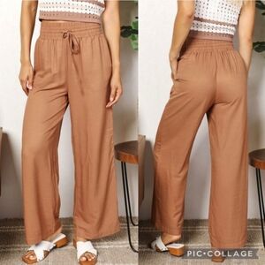 NWT Women’s Double Take Wide Leg Caramel Brown Drawstring Pants Size Small